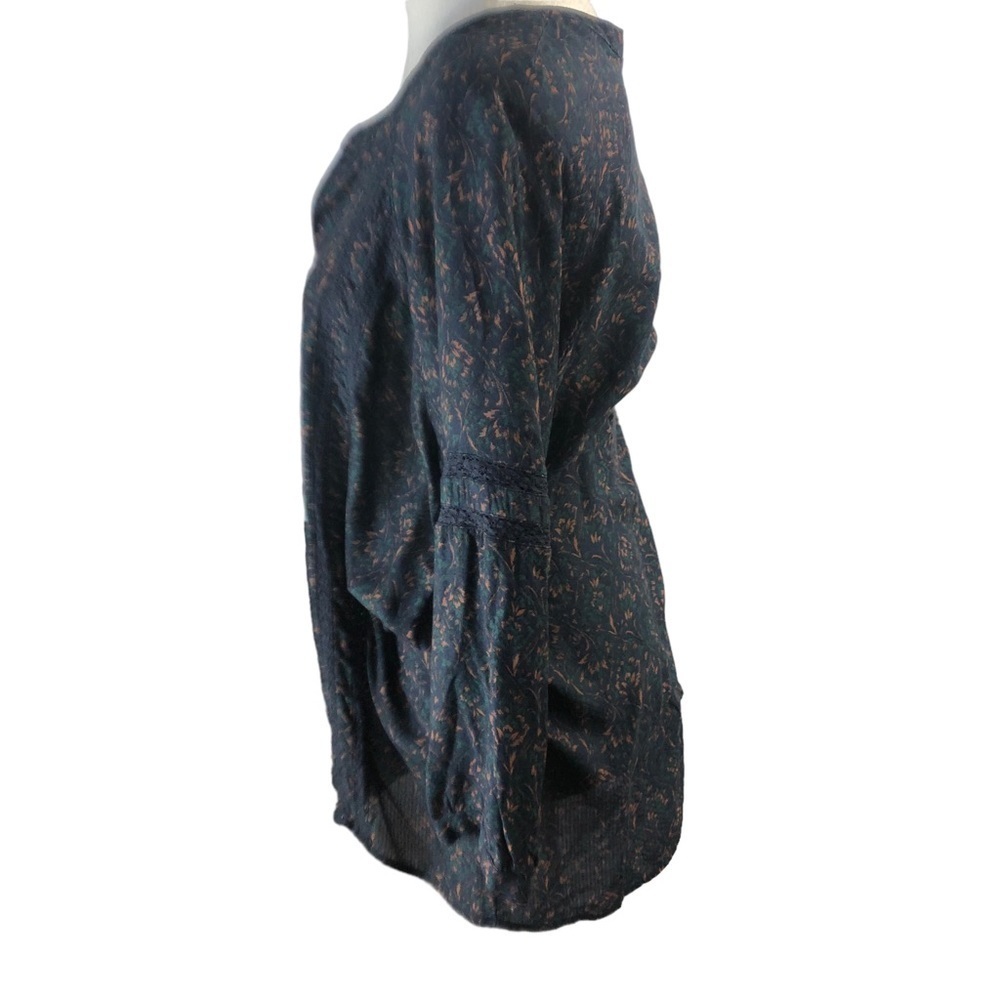 Caslon Popover Blouse Women M Navy Peach Green Botanical Print RoundNeck with V - Picture 6 of 8